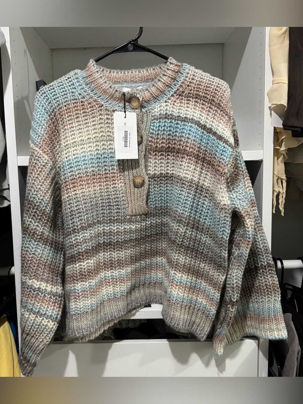Something Navy Striped Crew Button Pullover in Cream, Brown & Light Blue